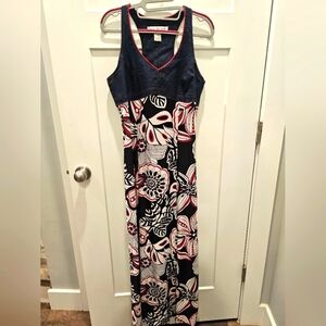 "AA Studio Denim Bodice Floral Maxi Dress Sleeveless Racerback Size 8"